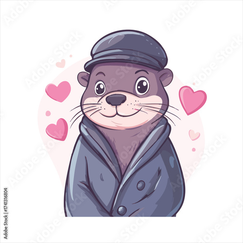 Cute otter in a hat and coat, surrounded by hearts