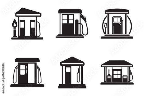 Collection of Black and White Gas Station Icons Depicting Petroleum and Fuel Industry Services for Transportation Needs and Energy Supply