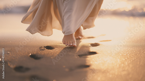 Barefoot woman walking along the beach at golden hour, leaving footprints in the sand.