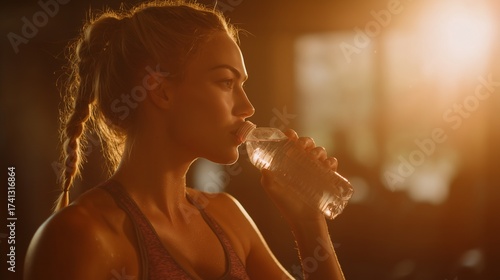 A woman with braided hair holds a bottle as the woman's silhouette is highlighted by warm sunlight. The woman and the bottle catch the light beautifully in the sunset glow.