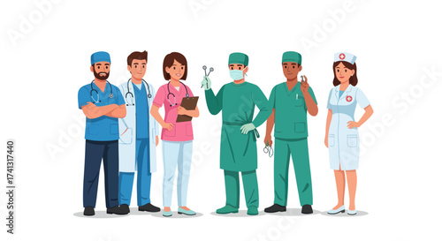 A diverse group of doctors nurses and surgeons standing together as a professional medical team.