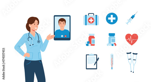 Telemedicine Consultation with Doctor and Medical Icons.