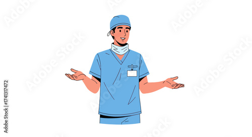 Surgeon in Scrubs with Questioning Gesture.