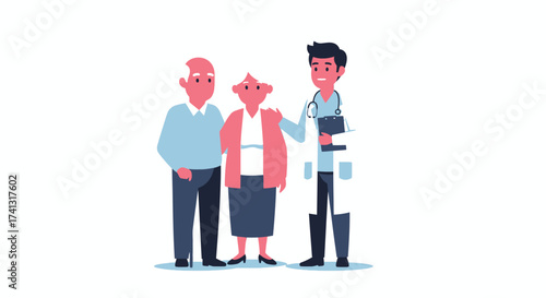 Doctor with elderly couple illustration of healthcare and support.