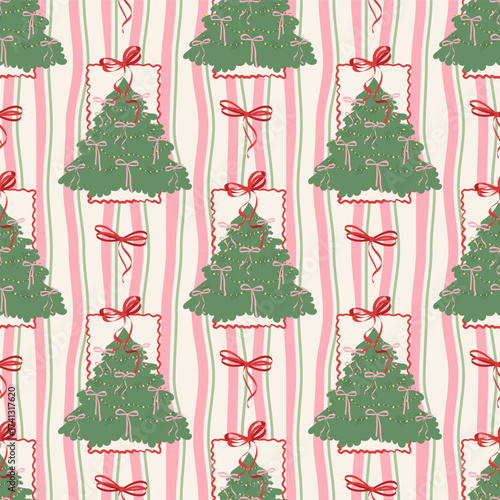 Christmas coquette seamless pattern with pink bow knots, ribbons, preppy Christmas tree. Grandmillennial damask wallpaper, retro winter holiday textile design, print, background. Vector illustration.
