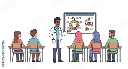 Doctor Explaining Healthy Eating to Students in Classroom.