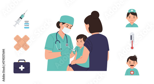 Doctor administering vaccine to child with mother present healthcare illustration.