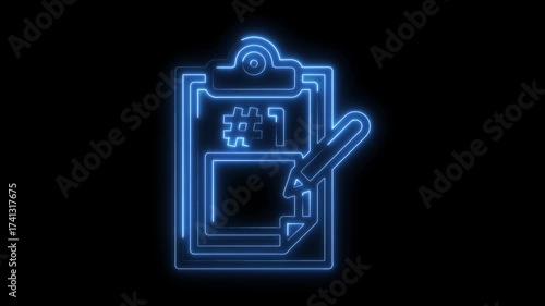 Glowing neon clipboard with hashtag number one writing checklist animation