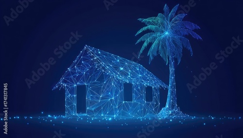 Abstract geometric rendering of a house with a palm tree, glowing blue on dark background