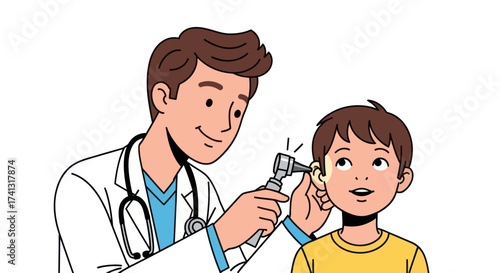 Doctor examining a young boys ear with an otoscope in a medical setting.