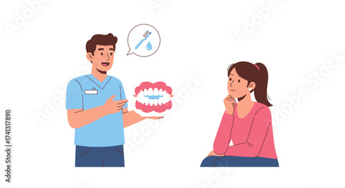 Dentist Explaining Dental Hygiene to Patient with Teeth Model.