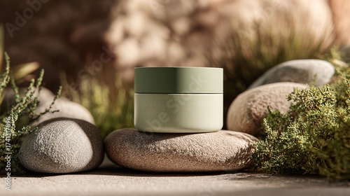 Wallpaper Mural sustainable cosmetic cream jar mockup on natural stones and moss in a serene outdoor setting Torontodigital.ca