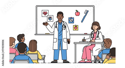 Doctor Teaching Students About Health and Hygiene in a Classroom Setting.