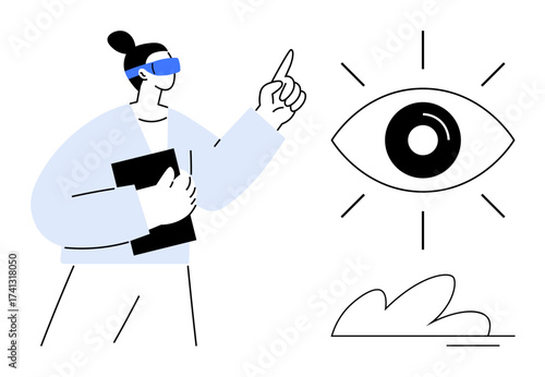 Person in VR headset pointing at a radiant eye, representing awareness, innovation, and vision. Ideal for technology, virtual reality, awareness, creativity, exploration futuristic ideas simple