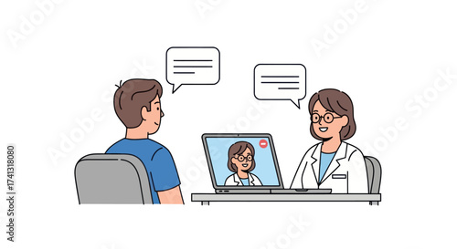 Patient and Doctor Telemedicine Consultation via Laptop Screen.