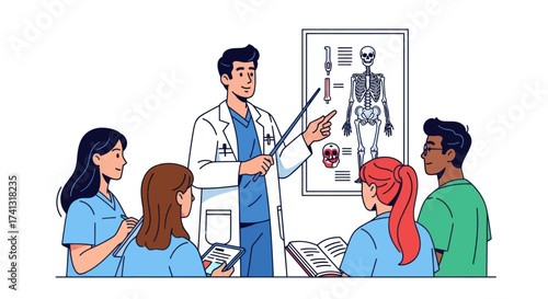 Medical Instructor Teaching Anatomy to Students with Skeleton Chart.