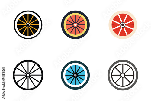 Collection of colorful wheel icons with varied spoke designs representing transportation and motion graphics elements for digital design and illustrations