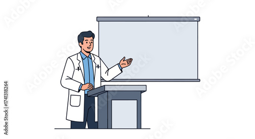 Doctor presenting information at a podium with a blank projection screen.