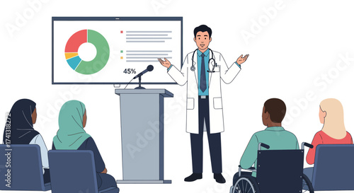 Doctor in lab coat presenting health data to diverse audience at a medical seminar.