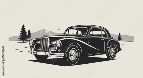 Classic Black Car Illustration with Mountain Backdrop.