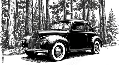 Classic Black Car in Forest Vintage Style Illustration.