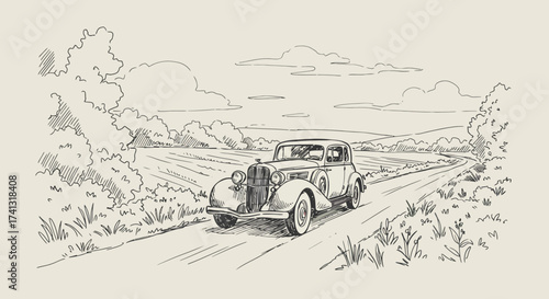 Vintage Car Sketch on Country Road.