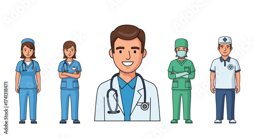 Cartoon Medical Professionals Team: Doctor Nurses and Healthcare Staff.