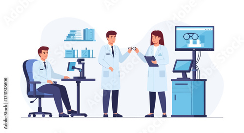 Three Medical Professionals in White Coats Discussing Eye Care.