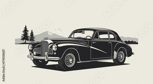 Classic Black Car Illustration with Mountain Backdrop.