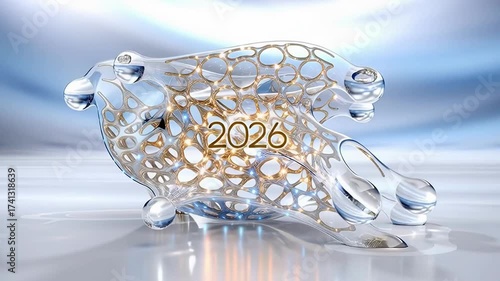 Abstract fluid design showcasing the year 2026, with dynamic movement and shimmering textures, symbolizing the transition into a vibrant new year celebration