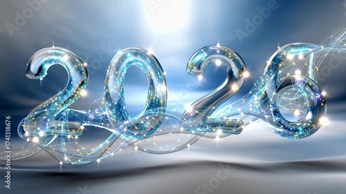 Glowing numbers 2026 emerge from shimmering waves of light, celebrating the New Year with vibrant energy and festive ambiance, symbolizing hope and new beginnings