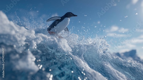A penguin leaps energetically into the ocean, with the penguin splashing water all around. The penguin lands gracefully, and the ocean waves rise gently as the penguin moves.