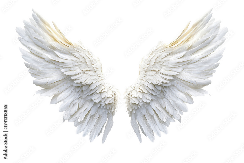Fototapeta premium White feathered wings spread isolated on a transparent background