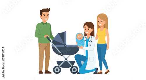 Pediatrician Doctor Examining Newborn Baby with Happy Parents and Stroller.