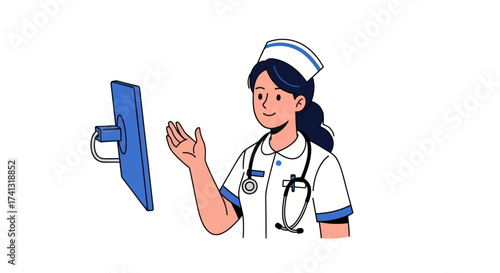 Cartoon illustration of a female nurse in a white uniform and cap gesturing towards a computer screen.