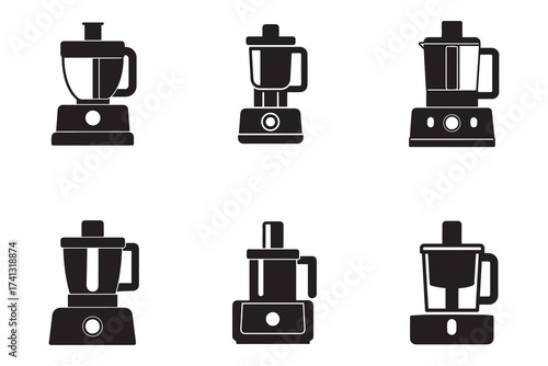 Collection of Food Processor Icons in Black Silhouette Style Vector Illustration for Kitchen Appliances and Culinary Tools Presentation