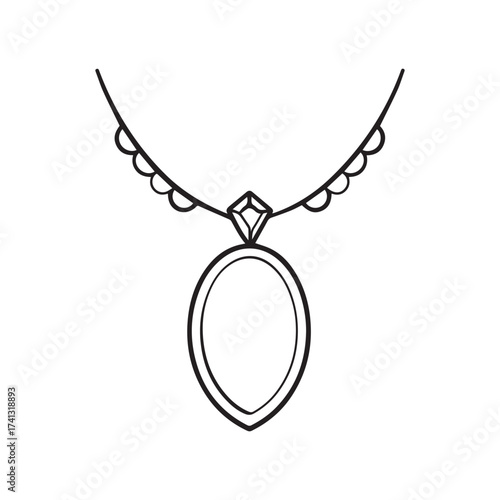 Black necklace outline features an oval pendant with a diamond accent on a white background