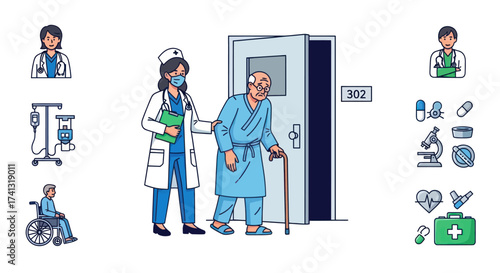 Nurse assisting elderly patient with cane near hospital room door.