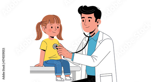 Cartoon Doctor Examining Young Girl with Stethoscope During Pediatric Check-up.