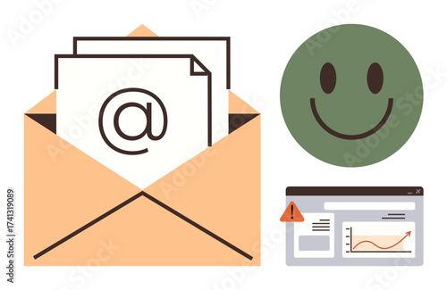 Open envelope with email icon, green happy face, and webpage with alert and growth chart. Ideal for email marketing, feedback, user interface, productivity, digital messaging, data analysis simple