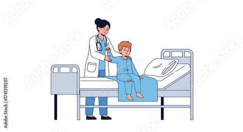 Doctor assisting a young patient sitting on a hospital bed wearing a blue gown.