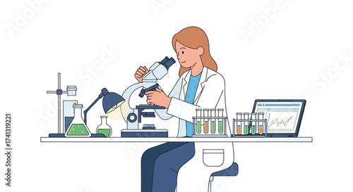 Female scientist in a lab coat conducting research with a microscope test tubes and a laptop at a laboratory bench.