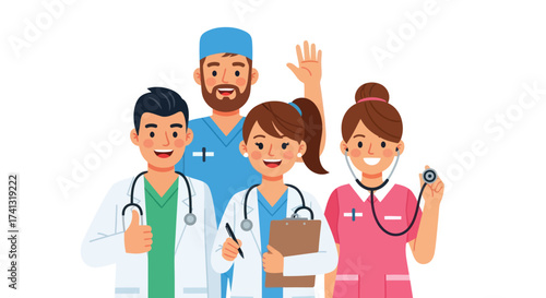 Cheerful Group of Medical Professionals Smiling and Waving.