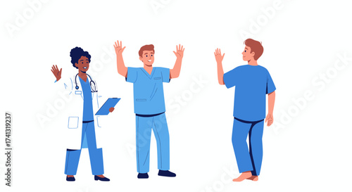 Medical Team Celebrating Success: Doctor and Nurses Cheering with Raised Hands.