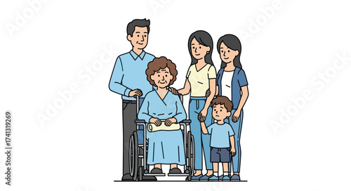 Happy multi-generational family illustration with elderly woman in wheelchair.
