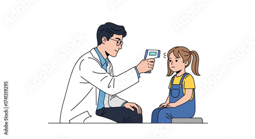 Doctor Measuring Childs Temperature with Infrared Thermometer.