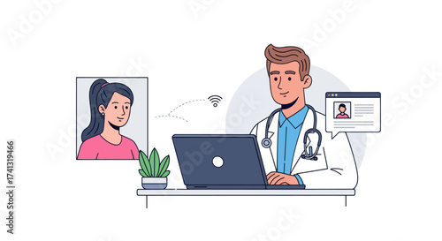 Doctor consulting patient remotely via video call on laptop.