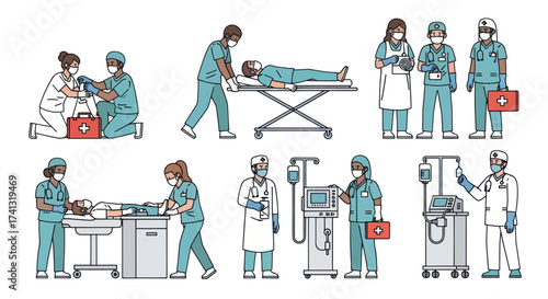 Diverse Medical Professionals Doctors Nurses and Paramedics Providing Healthcare and Emergency Services.