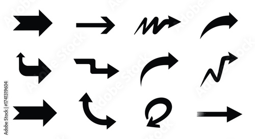Black arrows in various shapes and styles direction