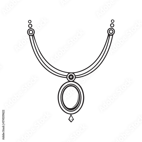 Delineated necklace features an oval pendant with a diamond charm against a white background